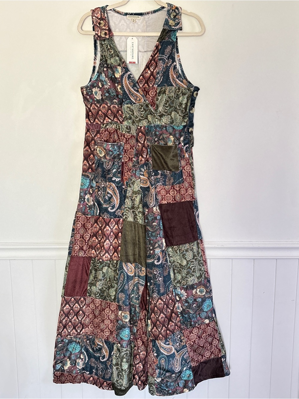 Earthbound Wide Leg Patchwork Boho Jumpsuit SZ Medium New w/Pockets Hippie *E33